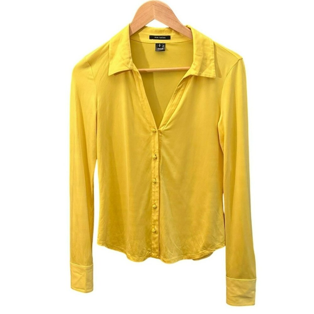 Pink Tartan Bright Yellow Button Up Blouse Size Small Timeless Long Sleeve